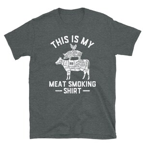 May include: A dark heather grey t-shirt with a white graphic of a cow, pig, and chicken. The graphic is a diagram of the different cuts of meat on each animal. The text "This is my Meat Smoking Shirt" is printed below the graphic.