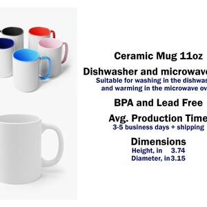 Puede incluir: Tazas de cer&aacute;mica blancas con interiores y asas de colores, incluyendo negro, rojo, azul y rosa. La imagen tambi&eacute;n muestra una taza blanca lisa. El texto indica que las tazas son de 11 oz, aptas para lavavajillas y microondas, y sin BPA ni plomo.