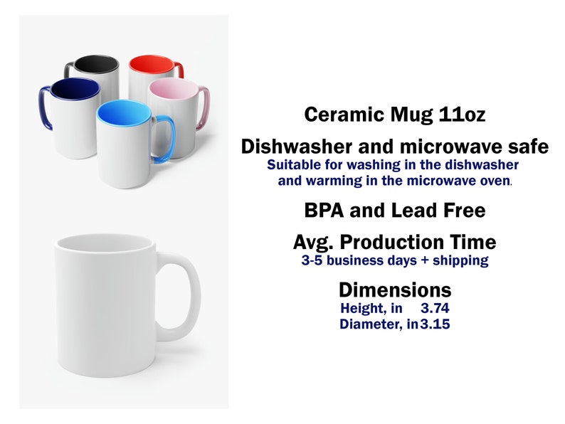 Puede incluir: Tazas de cer&aacute;mica blancas con interiores y asas de colores, incluyendo negro, rojo, azul y rosa. La imagen tambi&eacute;n muestra una taza blanca lisa. El texto indica que las tazas son de 11 oz, aptas para lavavajillas y microondas, y sin BPA ni plomo.