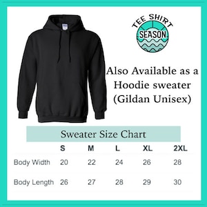 May include: Black hooded sweatshirt with a size chart showing measurements in inches for body width and length. The chart includes sizes S, M, L, XL, and 2XL.