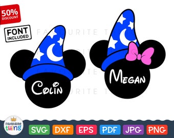 Mickey magician in sorcerer hat Svg file, Minnie Mouse wizard, Magic Disney cuttable vinyl design for Cricut, Silhouette Dxf png eps jpg pdf