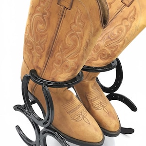 Horseshoe Boot Rack – Cowboy Boot Holder – Western Rustic Decor – Handmade Metal Boot Storage