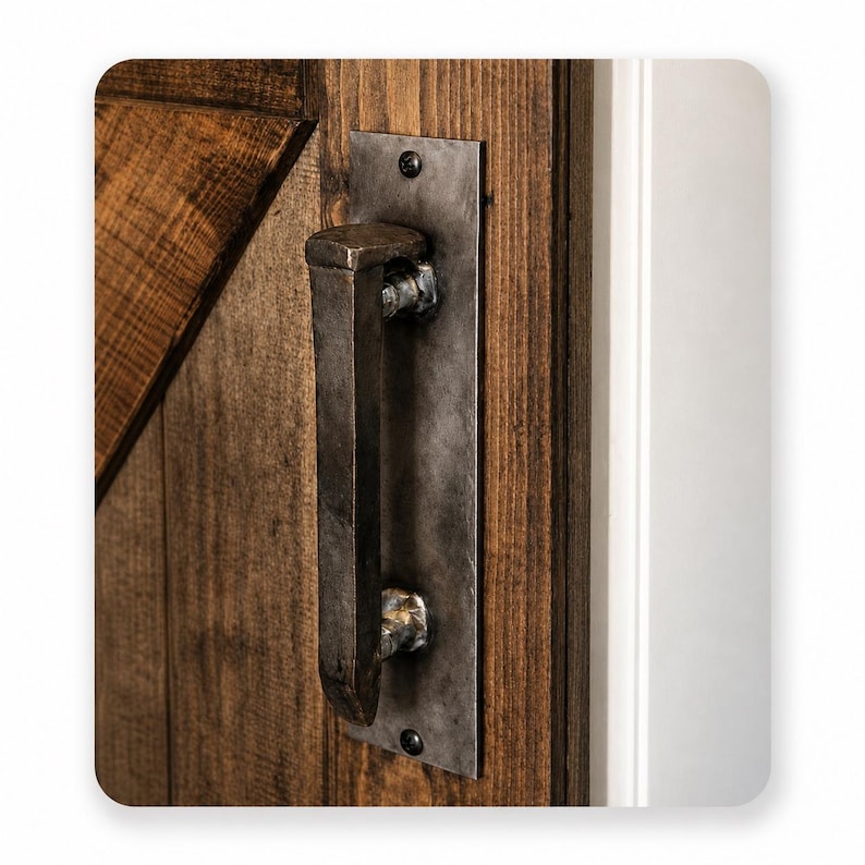 May include: Close-up of a rustic wooden door with a dark metal handle. The door is made of vertical wooden planks with a diagonal design element. The handle is attached to a metal plate with visible screws.