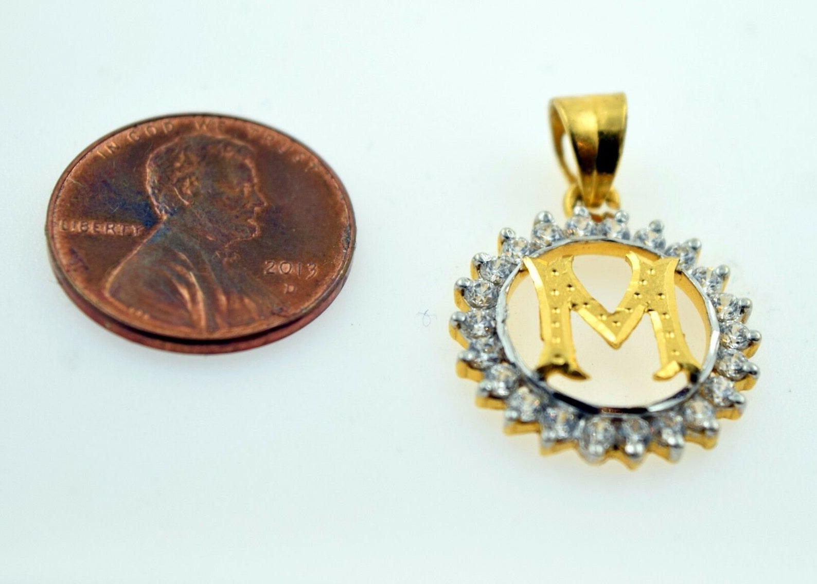 22k Solid Gold Round Shape Pendent M letter with Diamonelle Etsy