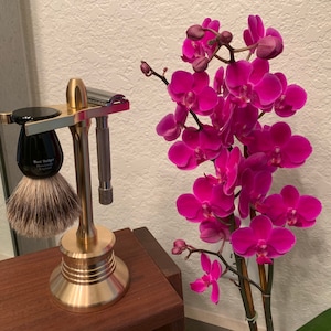 Razor and Brush Shaving Stand Holder - Machined Stainless Steel, Brass