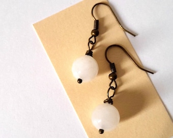 White Ball Earrings Simple Drop Earrings Agate Earrings White Stone Earrings