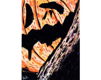 Halloween Art Trading Card Jack O Lantern Artwork ACEO Original Art Halloween Gift Card Idea Mini Halloween Stuff Halloween Pumpkin Art