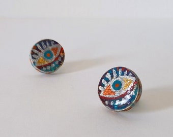 Artistic Earrings, Colorful Eye Studs, Outsider Jewelry Gift for Woman or Teenage Girl, Paper Jewellery