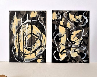 Set of 2 Wall Art Abstract Mini Gallery Wall Small Art Giftable Art for Office Set of 2 Paintings Abstract Art Black and Beige Abstract Art