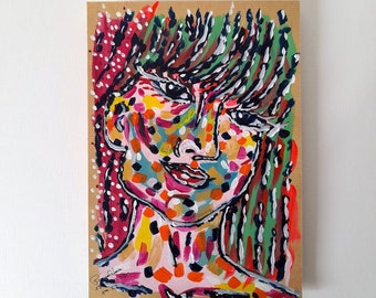 Pintura abstrata de rosto feminino em papel pardo, figura feminina ORIGINAL e ÚNICA, obra de arte colorida de Raquel Loio, decoração de parede contemporânea.
