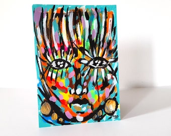 Colorful Woman Portrait Painting, Abstract Face Art, Girl Artwork, Small Wall Decor Living Room