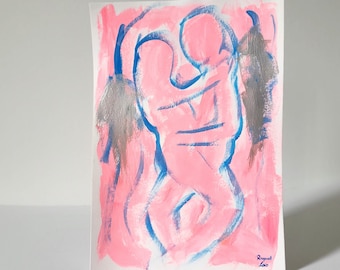 Minimalistische Paar Linie Kunst Abstrakte Liebe Malerei auf Papier Rosa Blau und Silber Kunstwerk Schlafzimmer Wand Dekor Ästhetik