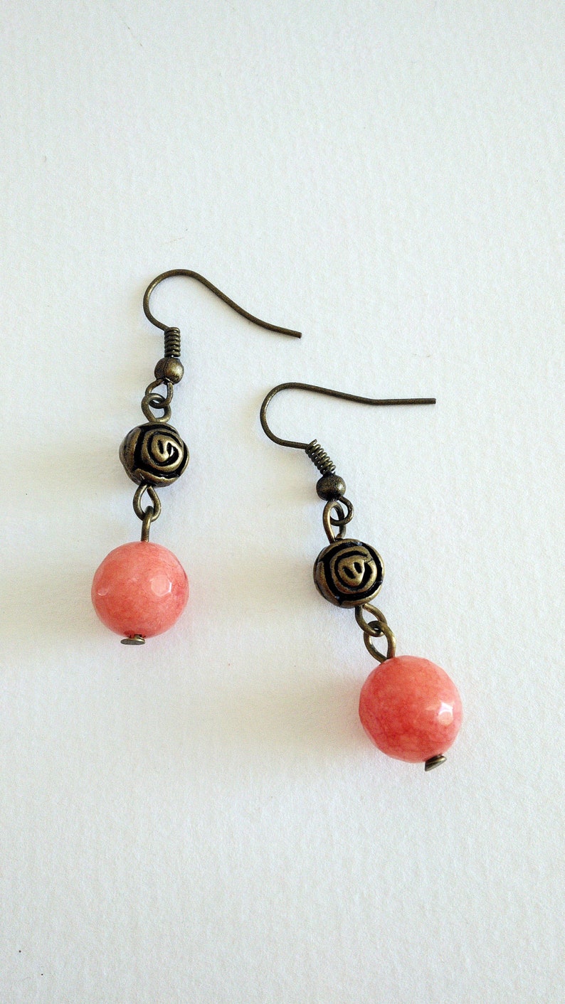 Brass and a pink natural stone One of a kind Dangle earrings