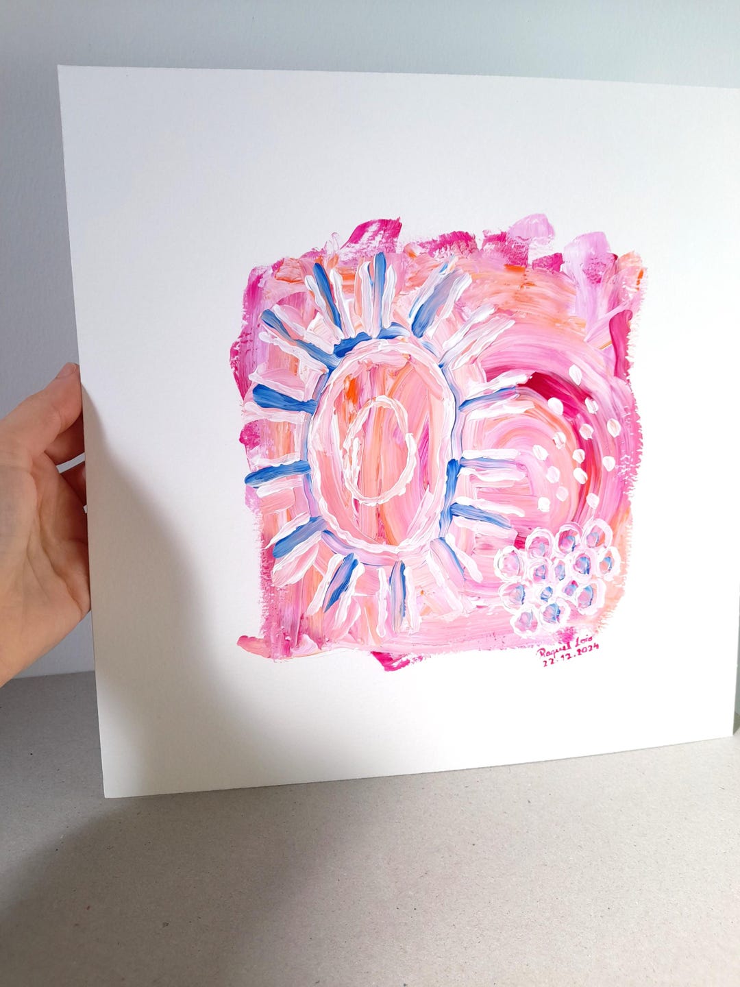 Square Abstract Art, Naive Painting Pastel, Pink Blue Artwork for ...