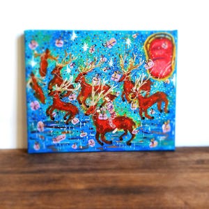 Dipinto originale natalizio su tela, dipinto natalizio di Outsider Art, notte magica con renne volanti, regalo per la casa, decorazione da parete natalizia.