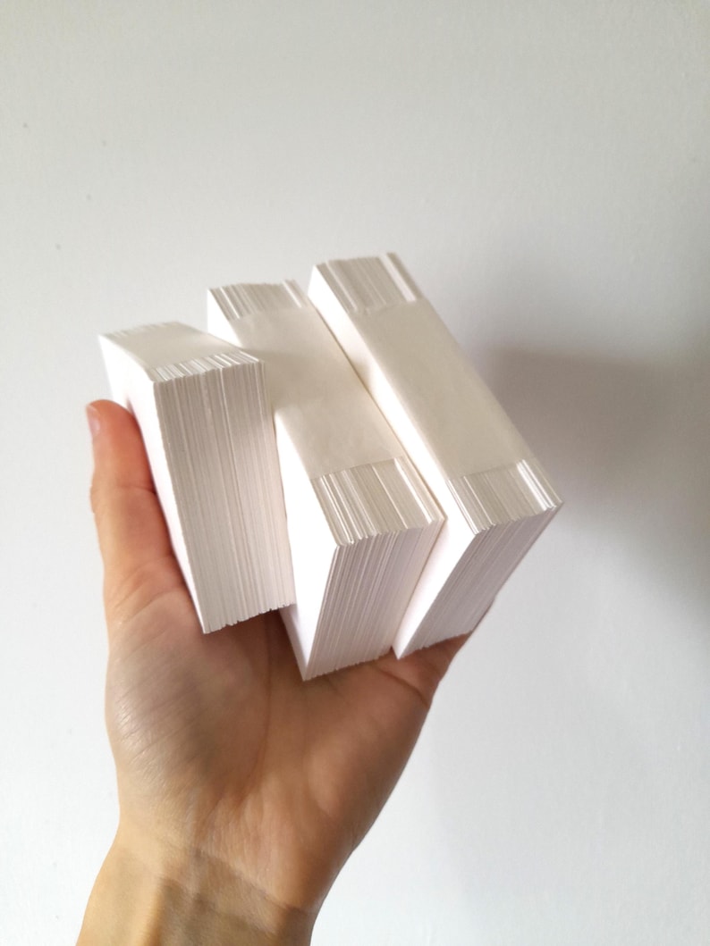K&ouml;nnte beinhalten: Eine Hand h&auml;lt drei Stapel wei&szlig;es Papier. Jeder Stapel ist rechteckig, mit einer sauberen, scharfen Kante. Das Papier scheint leer zu sein, mit einer glatten Oberfl&auml;che. Der Hintergrund ist eine schlichte wei&szlig;e Wand.
