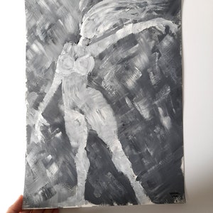 Dipinto figurativo originale, donna in bianco e nero, opera d'arte minimalista astratta, decorazione contemporanea, acrilico su carta formato A3.