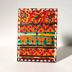 Small A6 Abstract Art with Lines and Floral Triangle Dot Patterns, Mini Boho Wall Decor in Warm Colors of Yellow Orange Red Brown and Green