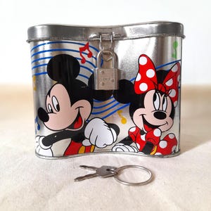 Vintage 90s Disney Tin Piggy Bank Original Padlock and Two Functional Keys IMA Edition