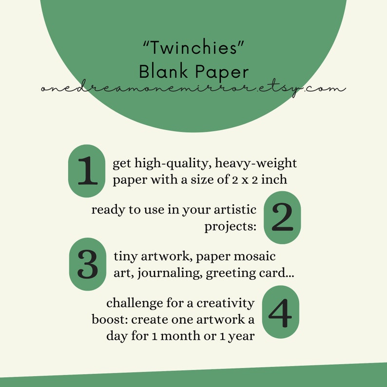 May include: "Twinchies" blank paper with text describing the product's features. The image highlights the paper's size of 2 x 2 inches, suitable for artistic projects, tiny artwork, journaling, and greeting cards. It also suggests a daily creative challenge.