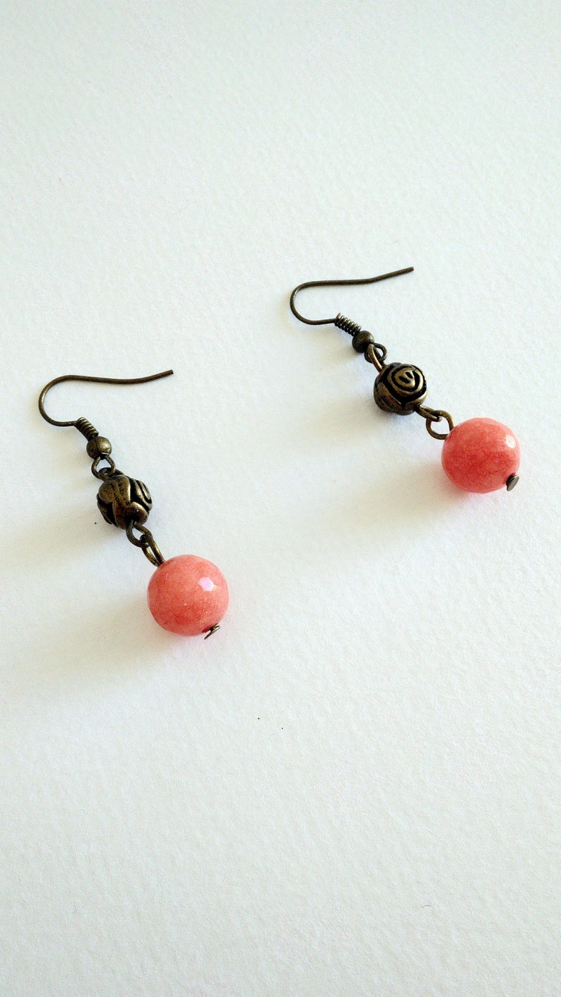 Brass and a pink natural stone One of a kind Dangle earrings