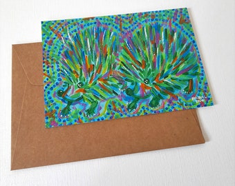 Igel-Paar-Geschenk, blaue Postkarte, lustige Liebes-Karte Valentinsgruß, niedliches Tier-Kunstwerk