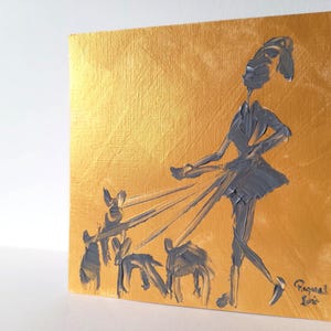 Dipinto quadrato da 6 pollici su carta ruvida di lino, opera d'arte dorata, silhouette di donna astratta di classe, opera d'arte ORIGINALE e UNICA nel suo genere, piccola decorazione da parete