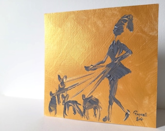 6 Inch Square Painting on Linen Textured Paper, Gold Artwork, Abstract Classy Woman Silhouette, ORIGINAL ONE of a KIND Art, Small Wall Decor