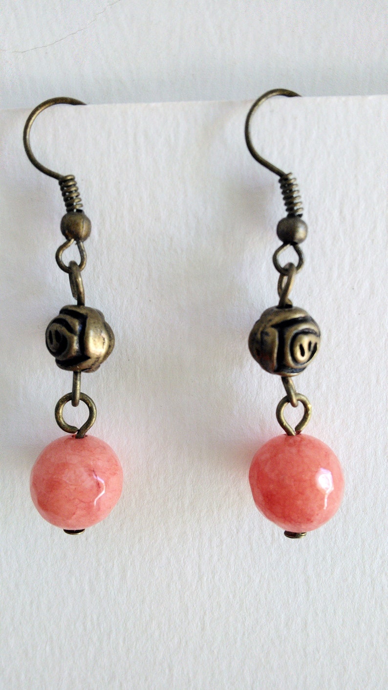 Brass and a pink natural stone One of a kind Dangle earrings