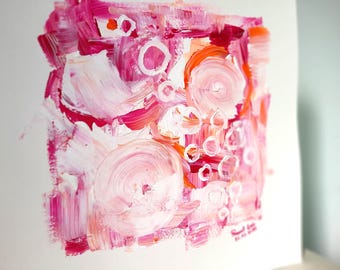 Frequency Art, Original Unique Square Abstract Artwork 11,7 Inch on Paper, One of a Kind Painting Pink and Orange, Contemporary Decor Trendy