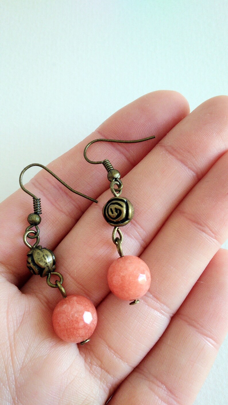 Brass and a pink natural stone One of a kind Dangle earrings