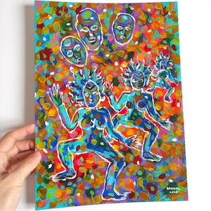 Primitive Shamanic Colorful Painting of Trance Rhythm, Original Unique Art by Raquel Loio in Mixed Media on Linen-Textured Paper 9.4x13 Inch