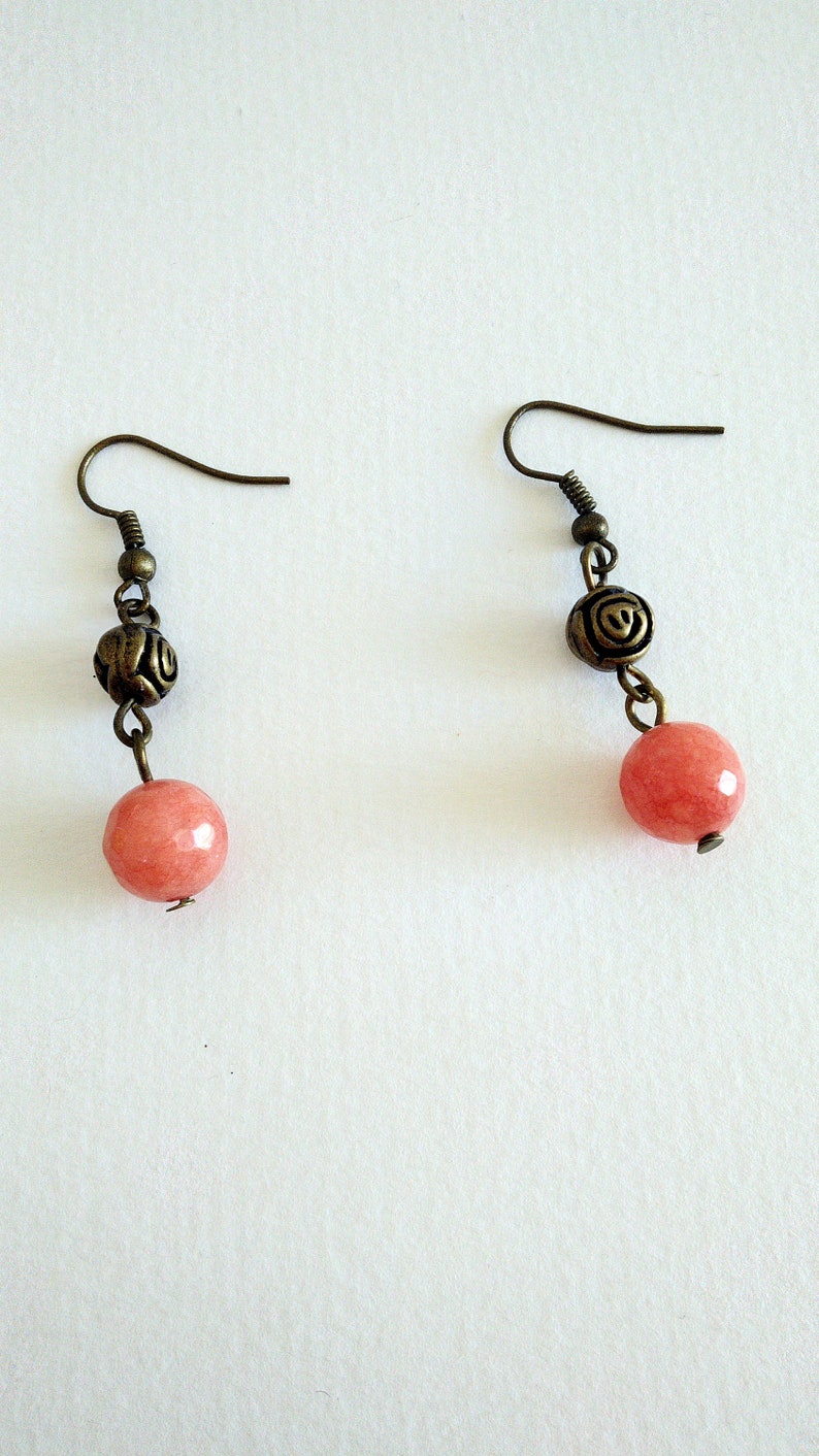 Brass and a pink natural stone One of a kind Dangle earrings