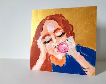 Abstract Woman Face Painting, Small Artwork for Gallery Wall, Lady Portrait Art Acrylic on Paper, Cute Housewarming Gift, Golden Decoration