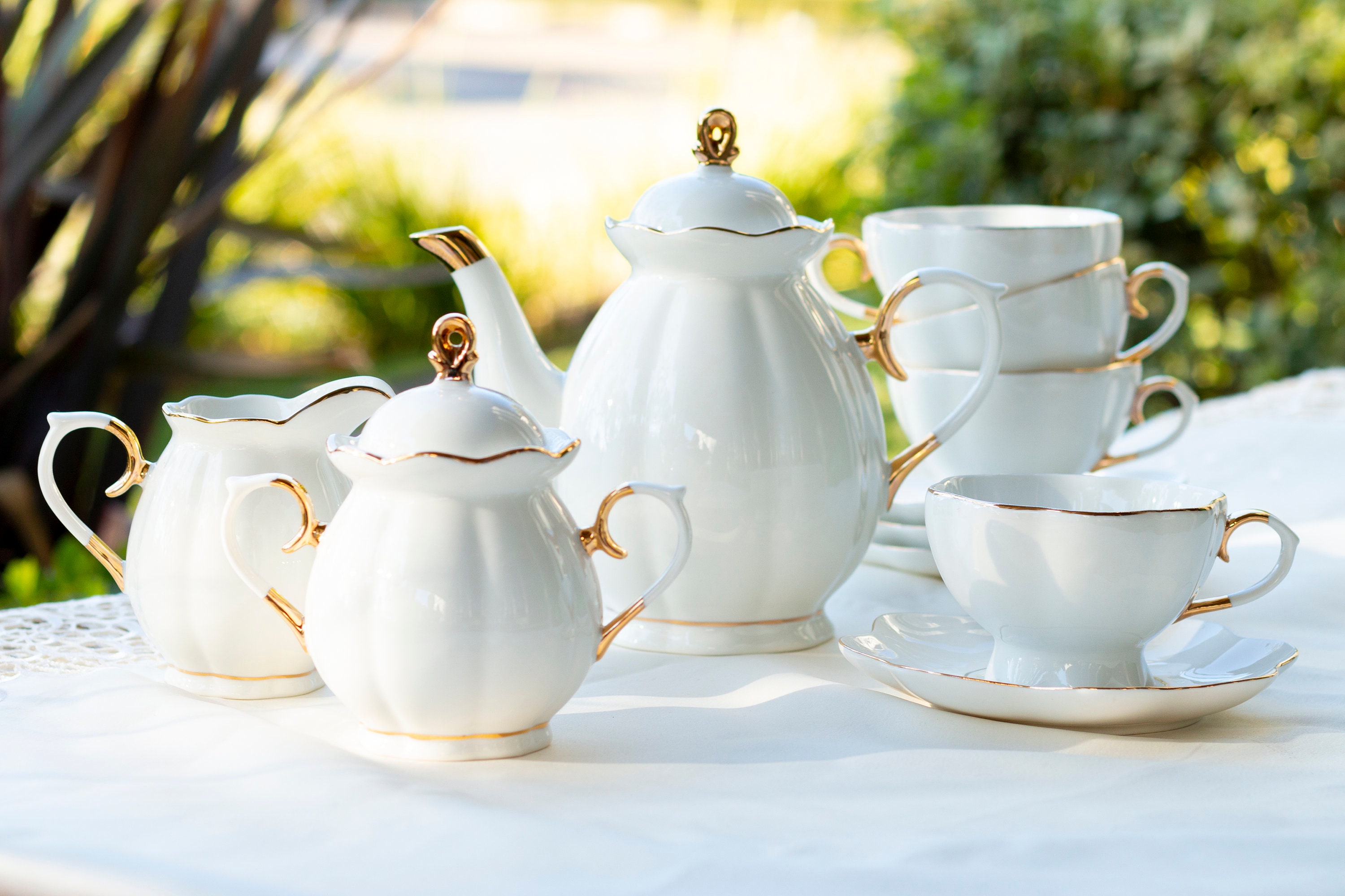 White Tea Set White Gold Scallop Porcelain Tea Set Grace Etsy