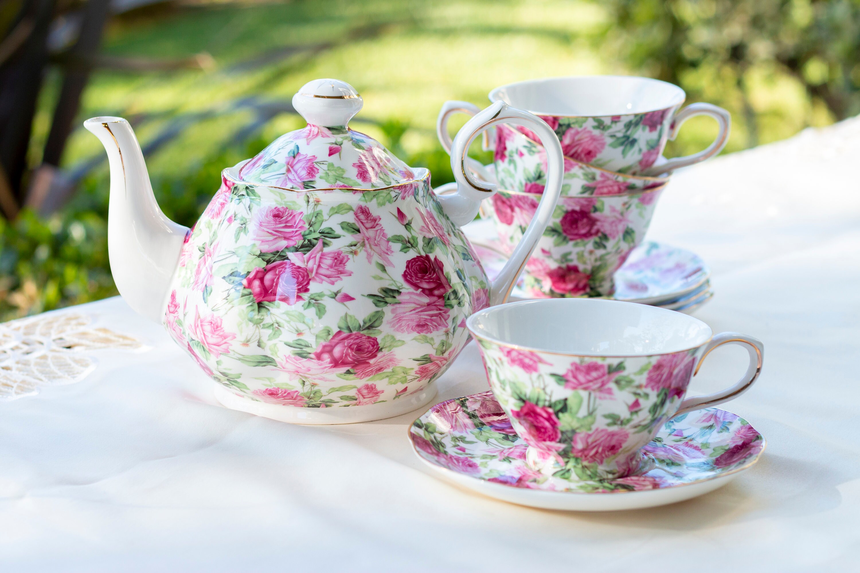 Rose Tea Set Classic Pink Rose Porcelain Tea Set Grace Fine Etsy