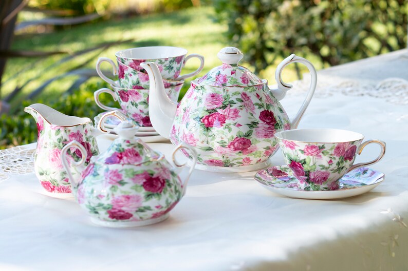 Rose Tea Set Classic Pink Rose Porcelain Tea Set Grace Fine Etsy