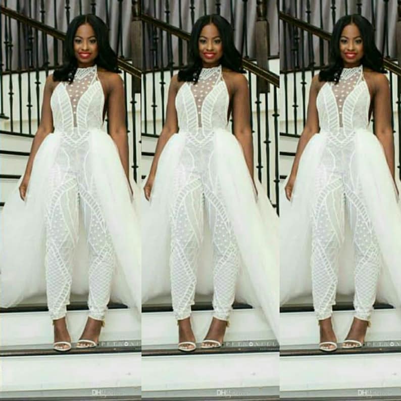 white lace jumpsuit with train