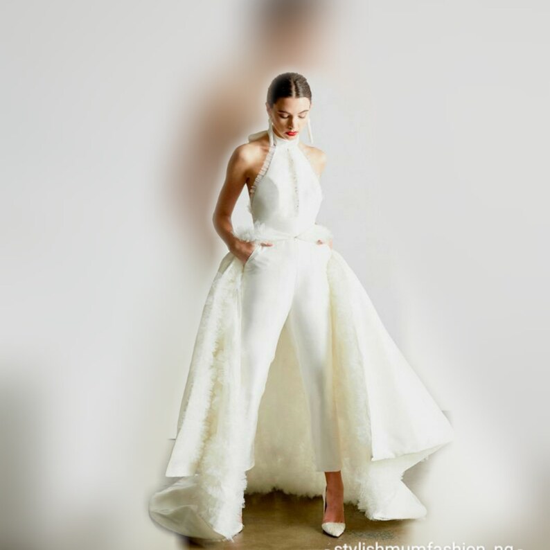 Ruffle Train Jumpsuit Detachable Skirt Jumpsuit Wedding Etsy