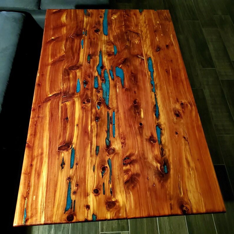 Cedar Wood Coffee Table With Blue Resin Etsy