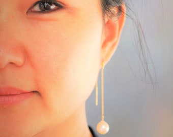 Pearl threader earrings, 14k solid gold, silver