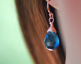 London blue topaz gemstone drop earrings on solid rose gold ear wires