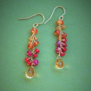 Citrine, bright rubies and warm spessartite dangle drop on 14k gold fill French hooks