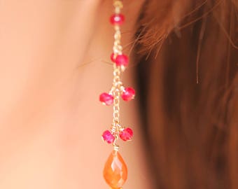 Orange carnelian drops with rubies, gold drop earrings