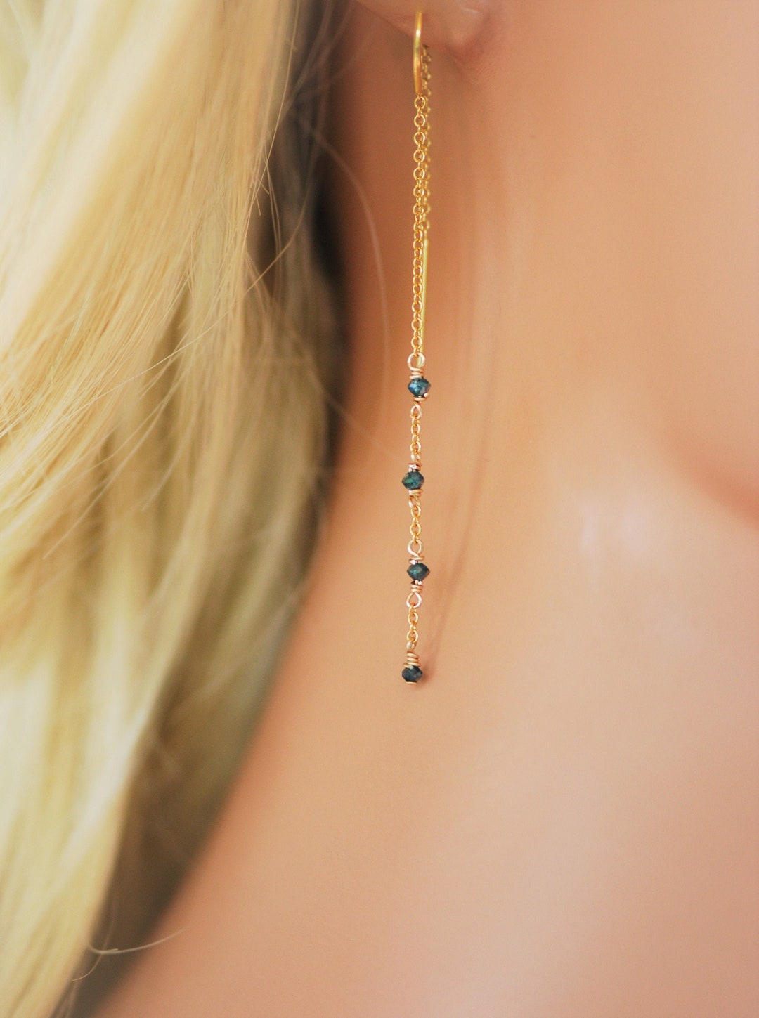 Diamond Threader Earrings 14k Solid Gold Etsy