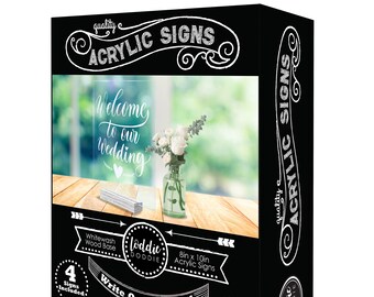 Acrylic Signs with White Wood Stand - 8x10 Signs - 4 pack - Includes Chalk Marker