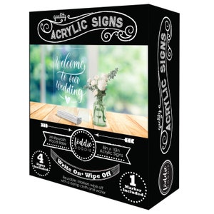 Acrylic Signs with White Wood Stand - 8x10 Signs - 4 pack - Includes Chalk Marker