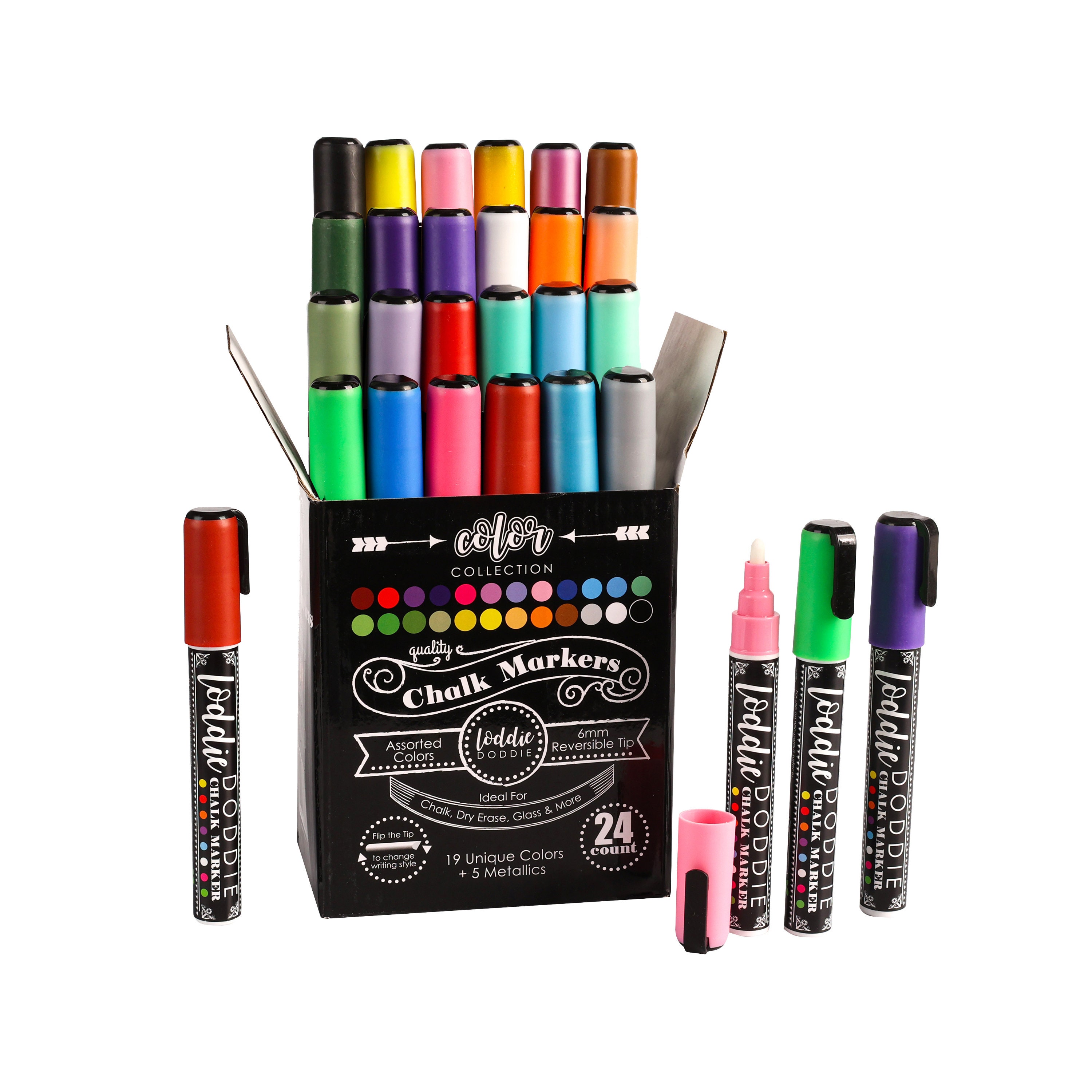 Loddie Doddie Liquid Chalk Markers - 24ct Color Collection - Perfect for Chalkboards, Blackboards