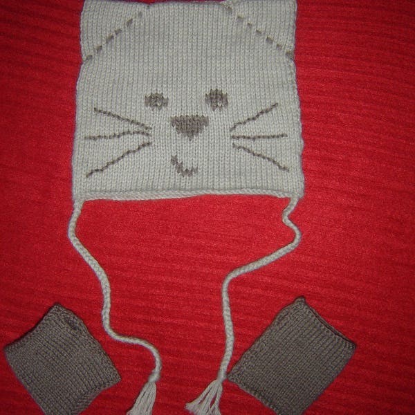 Bonnet bébé chat gris + mitaines tricotés main