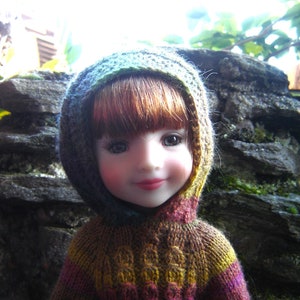 Peut inclure: Une poupée portant un pull en tricot brun, jaune et rose avec un pull à capuche vert par-dessus. La poupée a de longs cheveux bruns et des yeux bleus.